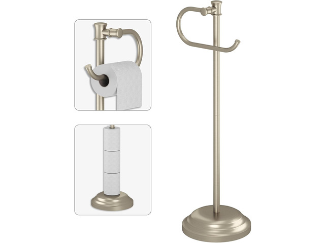 Toilet Paper Holder Floor Stand, Bathroom Freestanding Nickel Toilet Tissue Roll Holder, Free Standing Rack with Storage, Weighted Base...