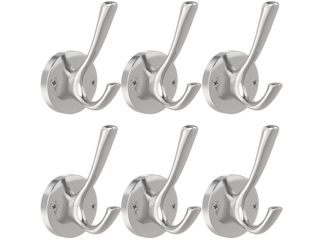 Brushed Nickel Wall Hooks, 6 Pack Coat Robe Hook Heavy Duty Metal Double Bath Hook Wall Mounted, Hand Towel Hooks for Cubicle Bathroom Kitchen...