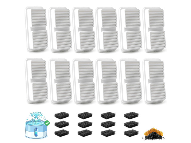 12 Pack Cat Water Fountain Filter with 12 Pre-Filter Sponges Replacement Filters for Stainless Steel Cat Water Fountain, Multi-Layer Filtration
