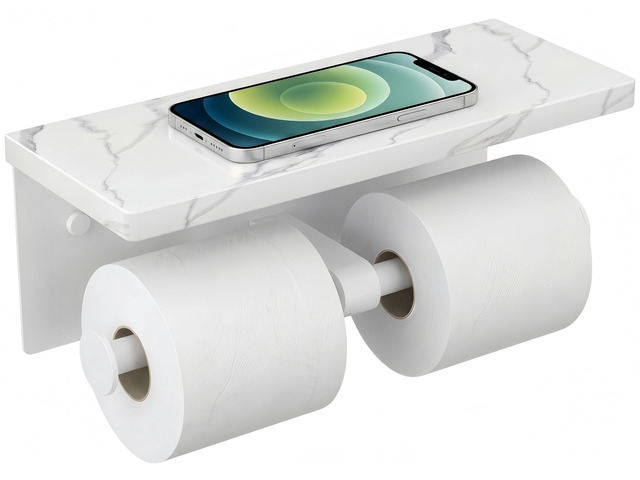 Double Marble Toilet Paper Holder with Phone Shelf, Commercial White, Wall Mount 304 Stainless Steel Bathroom Tissue Roll Dispenser, Modern Heavy...