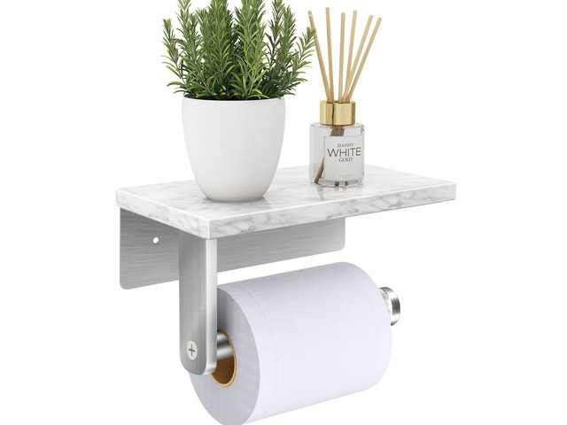 Toilet Paper Holder with Marble Shelf, Wall Mounted Brushed Nickel Stainless Steel Tissue Roll Paper Holder Dispenser for Bathroom Washroom