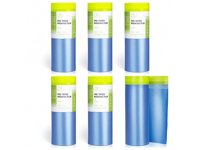Pre-Taped Masking Film for Painting - 44' x 66' Painters Plastic Sheeting with Automotive Paint Tape and Drape for Covering Cars, Walls, Windows...