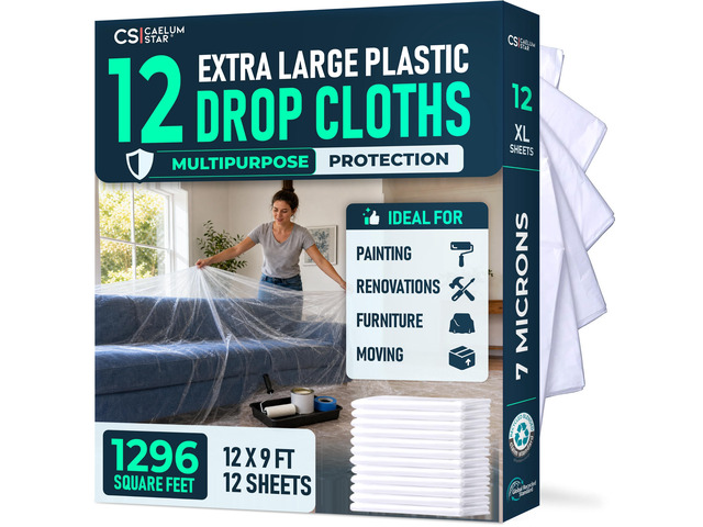 CS 12 Pack Clear Plastic Drop Cloth for Painting & Decorating, 12x9Ft Each Light 0.4 mil, painters plastic sheeting, clear plastic sheet and...