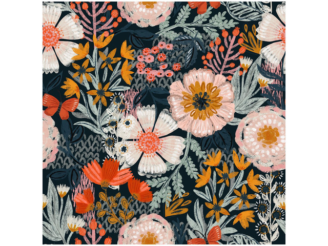 Navy Floral Peel and Stick Wallpaper Boho Mural 17.3in x 32.8ft Vintage Textured Wall Paper Renter Friendly Removable Blue Pink Orange for Bathroom...