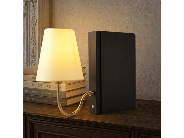 Solid Wood Bookshelf Lamp with Bulb, Cordless Rechargeable Touch Dimmable Table Lamp with Linen Fabric Shade, Modern Decorative Bookend Lamp for...