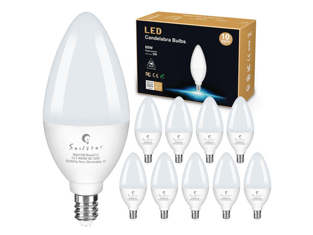 Candelabra Light Bulbs 60 Watt Equivalent, 4000K Natural Daylight, 5W E12 Small Base Type B LED Bulbs, 500 Lumens, Chandelier Ceiling Fan Light...