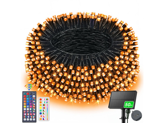 34 Colors Solar String Lights Outdoor with Remote, 50 FT 150 LED Solar & USB Powered Halloween String Lights, Waterproof Color Changing Christmas...