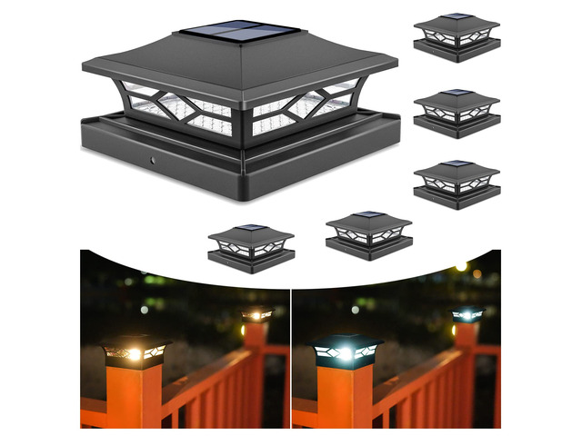 6Pack Solar Post Cap Lights, 2 Color Modes Deck Lights, Black Waterproof solar lights fit 4x4/6x6 wooden & 4x4/5x5 vinyl posts, suitable for dock,...