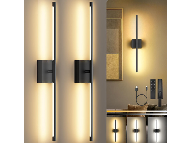10000mAh Rechargeable Wall Lights, Black, 29 Inch, 3CCT, 2 Pack Battery Operated Wall Sconces Set of 2, Remote Control, 360Â° Rotate, Dimmable, LED...