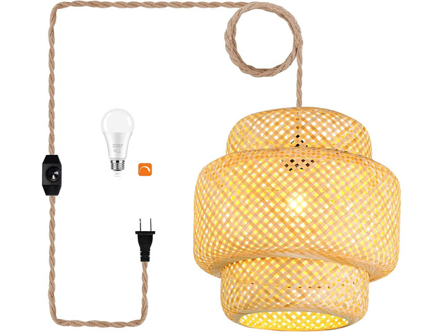 Plug in Pendant Light Rattan Hanging Lights with Plug in Cord Bamboo Hanging Lamp Dimmable,Handmade Woven Boho Wicker Basket Lamp Shade,Plug in...