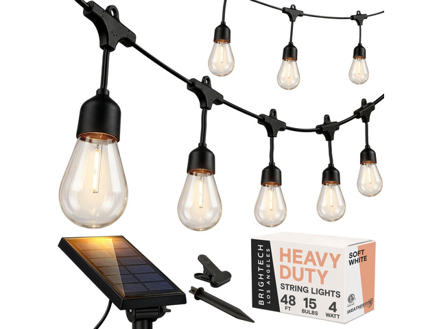 Ambience Pro - 48 Ft Waterproof, Solar Power Outdoor String Lights - 1W LED Hanging Edison Bulbs Create Bistro Ambience in Your Yard - Commercial...