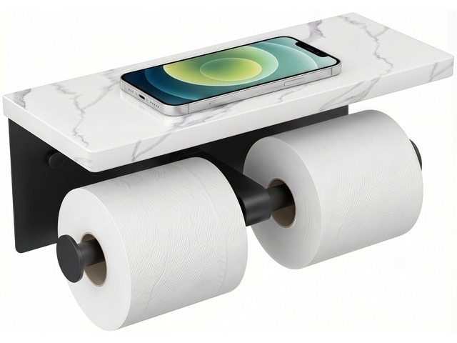 Double Marble Toilet Paper Holder with Phone Shelf, Mattle Black Wall Mount 304 Stainless Steel Commercial Bathroom Tissue Roll Dispenser, Modern...