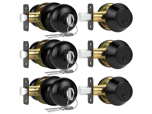 3 Pack Exterior Door Lock Set, Keyed Alike Entry Door Knob and Single Cylinder Deadbolt Lock Combo Set, Matte Black Door Knobs with Lock and Keys,...