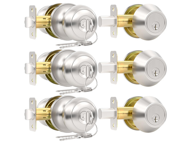 3 Pack Front Door Lock Set, Keyed Alike Exterior Door Lock Set with Deadbolt, Single Cylinder Deadbolt Lock and Entry Door Knob Set,Round Ball...