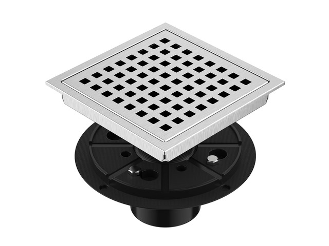 Square Shower Floor Drain 6-Inch Brushed Nickel with ABS Flange Stainless Steel, Anti-Clog, Removable Grid Grate Hair Catcher, for Modern Bathroom...