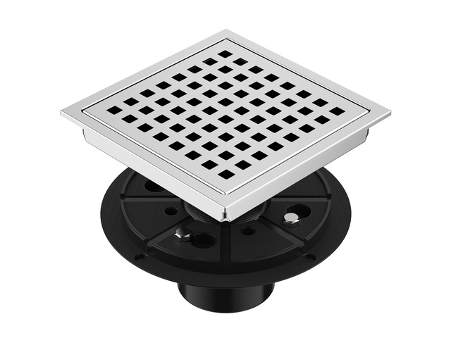 6-Inch Square Shower Floor Drain Chrome with ABS Flange Stainless Steel, Anti-Clog, Removable Grid Grate Hair Catcher, for Modern Bathroom Remodel...