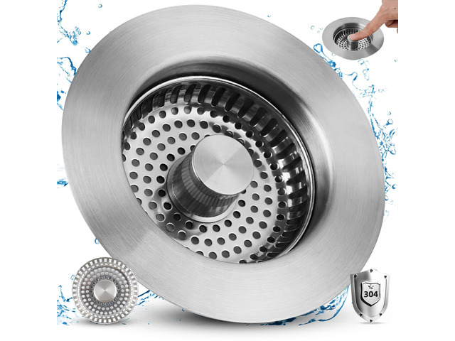 3-in-1 Kitchen Sink Strainer Stopper Combo, Universal Fit, All Metal Stainless Pop Up Sink Drain Strainer with Handle Rod for US Standard 3-1/2...