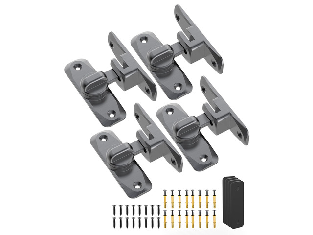 90/180 Degree Barn Door Latch Lock with Spacer, Grey, 4 Pack Zinc Alloy Slide Locks for Uneven Frames, Sliding Panels, Bathrooms, Bedroom, French...