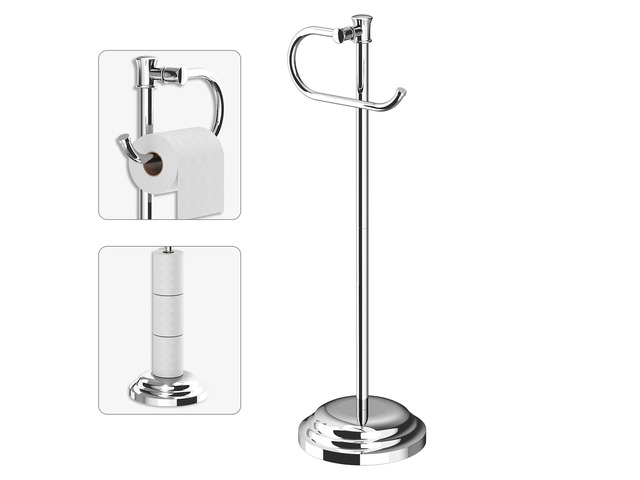Toilet Paper Holder Floor Stand, Bathroom Freestanding Chrome Toilet Tissue Roll Holder, Free Standing Rack with Storage, Weighted Base...