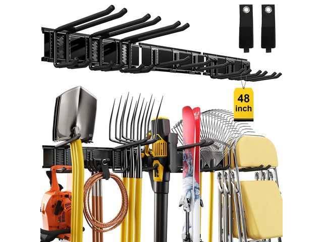 48' Garage Tool Organizer Wall Mount, 660lbs Heavy Duty Steel Garden Tool Storage Rack with 9 Adjustable Hooks for Yard, Shed, Garage (3 Racks, 9...
