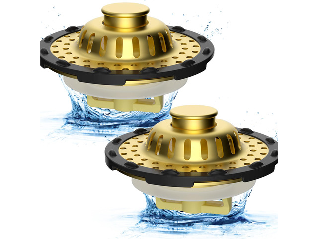 2PCS Universal Metal Bathtub Drain Stopper Top Hair Catcher, Brushed Gold Shower Drain Tub Stopper with Stainless Steel Visible Filter Basket,...