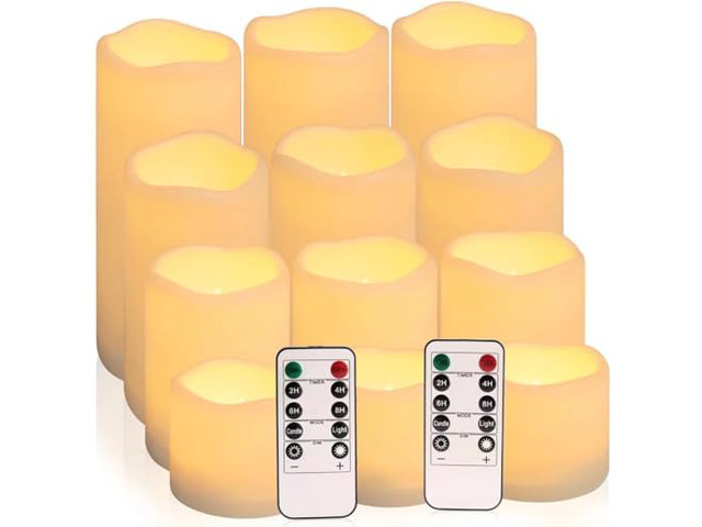 Flameless Battery Operated Outdoor Waterproof Set of 12(D: 3' x H: 3' 4' 5' 6') Pillar LED Candles with 10-Key Remote and Cycling 24 Hours Timer