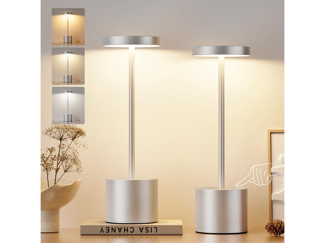 Silver Gray Cordless Lamp Set, Rechargeable Lamp, 3 Color Temperature, LED Outdoor Wireless Lamps, Battery Operated Lamps, Stepless Dimmable, Touch...