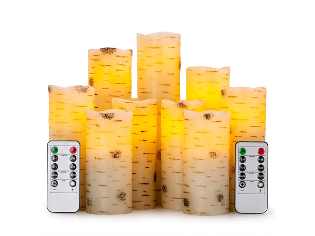 Flameless Flickering LED Candles with Birch Bark Effect - Set of 9 Battery-Operated Real Wax Pillar with 10-Key Remote Control - 2/4/6/8 Hour Timer