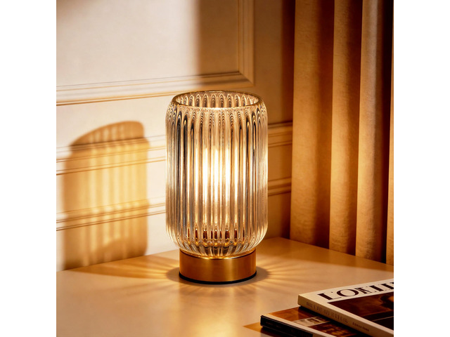 Battery Operated Lamp, Small Cordless Lamp with Timer, Clear Vertical Stripes Glass Lampshade, Small Table Lamps for Area No Plug, Decorative Led...