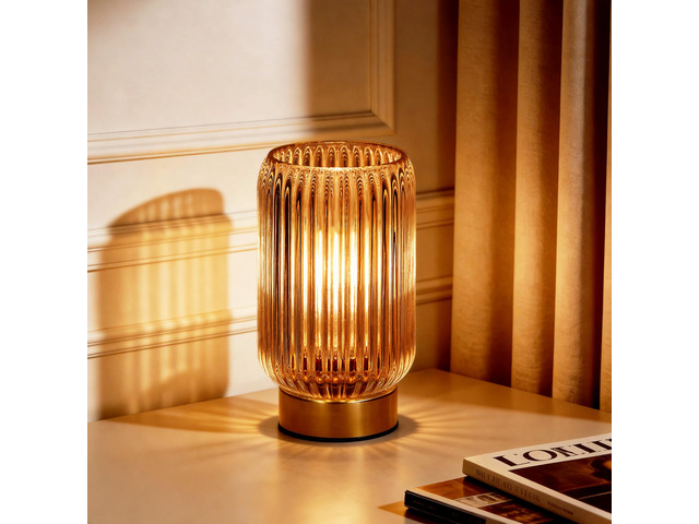 Battery Operated Lamp, Small Cordless Lamp with Timer, Yellow Vertical Stripes Glass Lampshade, Small Table Lamps for Area No Plug, Decorative Led...