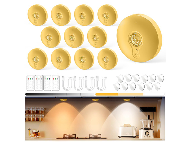 Rechargeable Puck Lights with Remote, 12 Pack Magnetic Under Cabinet Lighting, 1500mAh Battery Operated LED Tap Lights with Dimmer & Timmer for...