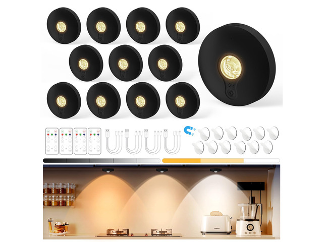 Rechargeable Puck Lights with Remote, 12 Pack Magnetic Under Cabinet Lighting, 1500mAh Battery Operated LED Tap Lights with Dimmer & Timmer for...