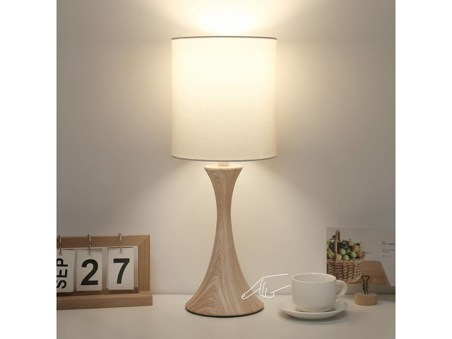 Dimmable Wood Grain Metal Table Lamp, 3 Way Touch Lamp with White Shade Farmhouse Small Desk Lamp, Modern Nightstand Bedside Lamp for Living Room,...