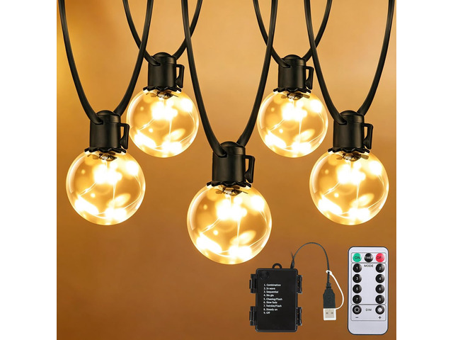 Outdoor String Lights Battery Operated, 20ft 15 LED Bulbs Lights Warm White,Dimmable,Timer,Remote,Hanging Globe G40 Bulb Shatterproof & Waterproof...