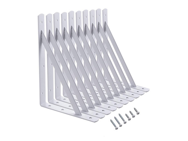 Heavy Duty Shelf Brackets, 12 x 8 Inch White Metal L Brackets, 10 Pack 600LBS Per Pair, Stable Triangle Steel Design, Rust-Resistant Coating,...