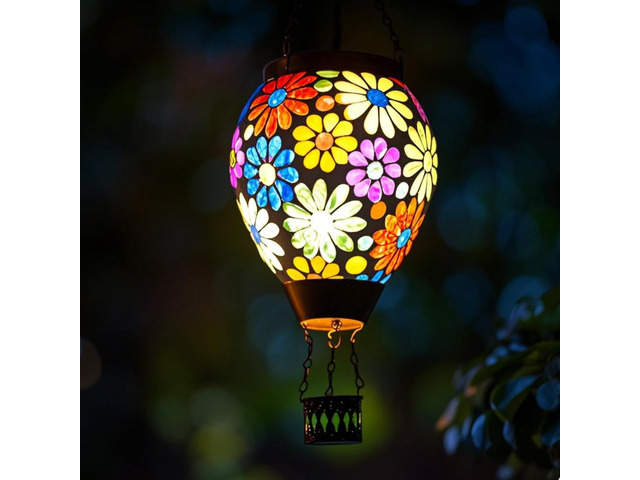 Mosaic Flowers Hot Air Balloon Solar Lantern Glass Outdoor Hanging Hot Air Balloon Solar Flickering Flame Light Waterproof Garden Patio Yard Party...