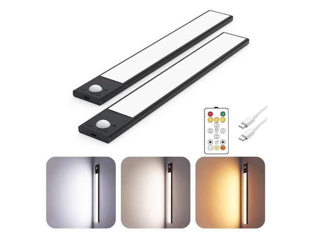 12' Under Cabinet Lighting Wireless, Remote, Motion Sensor, 2Pack, Black 0.33' Ultra-thin Aluminum Alloy Body, USB-C Rechargeable, 3-Color-Temp,...