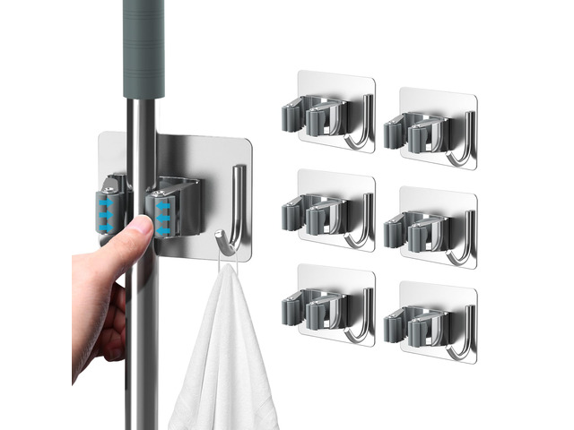 Broom Holder Wall Mount 6Pcs, Self Adhesive Mop Broom Hanger Silver Self adhesive stainless steel broom organizer with 4 hooks, holds mops, brooms...