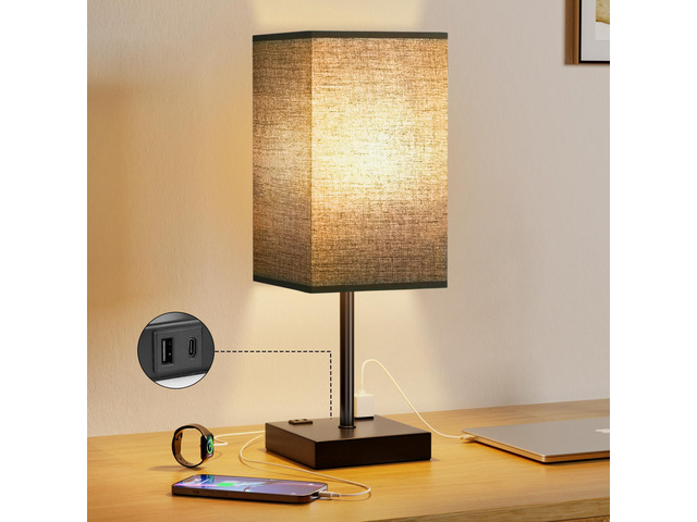 17.4' Black Bedside Table Lamp for Bedroom, Dimmable, USB C+A, 2 AC Outlets 3-Way Touch Dimming, 3000K Warm White Bulb Included, Nightstand Lamp...