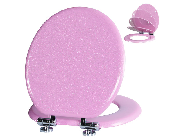 Glitter Toilet Seat, Slow Close (Round, Pink) Molded Wood Round Toilet Seat, Quiet Close, Quick Release Hinges, Easy to Install and Clean