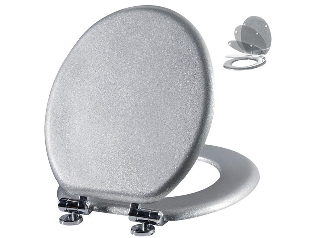 Glitter Toilet Seat, Slow Close (Round, Silver) Molded Wood Round Toilet Seat, Quiet Close, Quick Release Hinges, Easy to Install and Clean