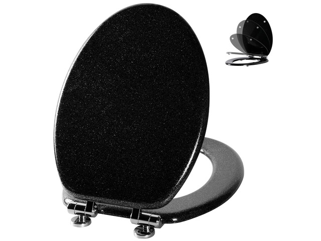 Glitter Toilet Seat, Slow Close (Elongated, Black) Molded Wood Elongated Toilet Seat, Quiet Close, Quick Release Hinges, Easy to Install and Clean
