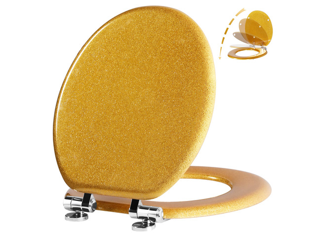 Glitter Toilet Seat, Slow Close (Round, Gold) Molded Wood Round Toilet Seat, Quiet Close, Quick Release Hinges, Easy to Install and Clean