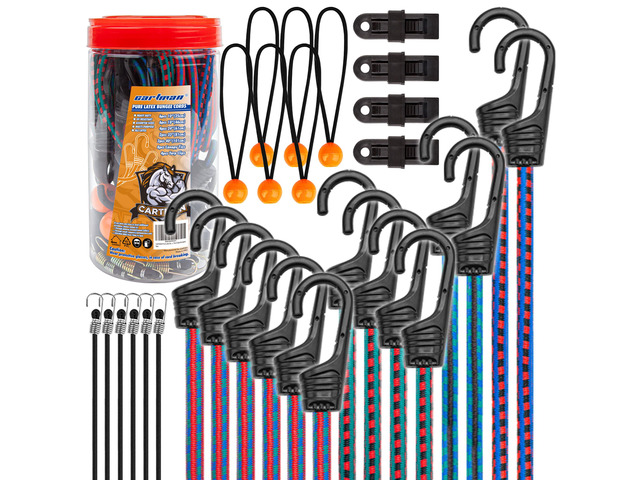 30-Piece Heavy-Duty Bungee Cord Assortment with Hooks Latex Cords in 10, 18, 24, 32 and 40 in Sizes, 8 in Canopy Ties and 4 Tarp Clips for Cargo...