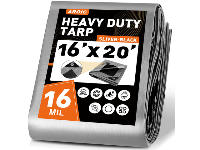 16x20 FT Waterproof Tarp, 16 Mil Thick Heavy Duty Cover Reinforced Edges & Rustproof Grommets - UV Resistant Tearproof Tarpaulin for Camping Tent,...