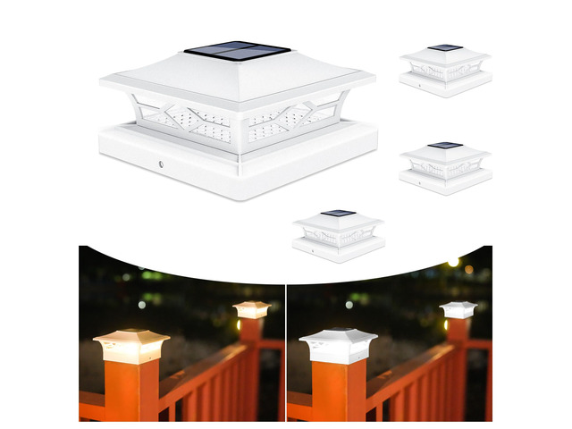 4Pack Solar Post Cap Lights, 2 Color Modes Deck Lights, White Waterproof solar lights fit 4x4/6x6 wooden & 4x4/5x5 vinyl posts, suitable for dock,...