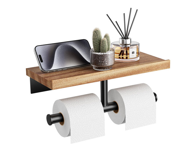 Double Toilet Paper Holder with Wood Shelf, Wooden Wall Mount Toilet Paper Roll Holder, Matte Black Stainless Steel Bathroom Toilet Tissue Holder...