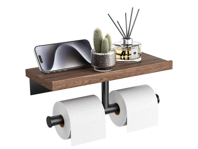Double Toilet Paper Holder with Wood Shelf, Wooden Wall Mount Toilet Paper Roll Holder, Matte Black Stainless Steel Bathroom Toilet Tissue Holder...