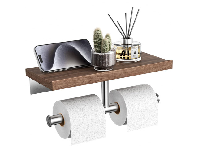 Rustic Double Toilet Paper Holder with Walnut Wood Shelf, Farmhouse Toilet Paper Holder Brushed Nickel Stainless Steel Bathroom Tissue Roll Holder