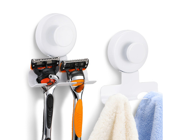 Suction Cup Razor and Shaver Holder for Shower Wall, Stainless Steel Reusable Suction Hook for Towel and Loofah, Damage-Free Installation (2, White)